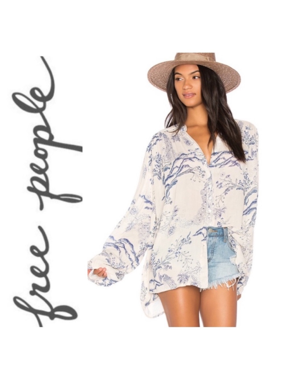 Free People Ivory and Blue Printed Button-Front Blouse oversized